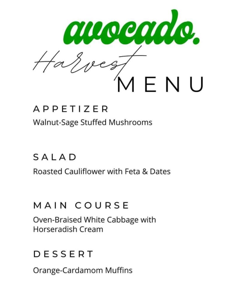 Avocado Harvest Dinner Menu